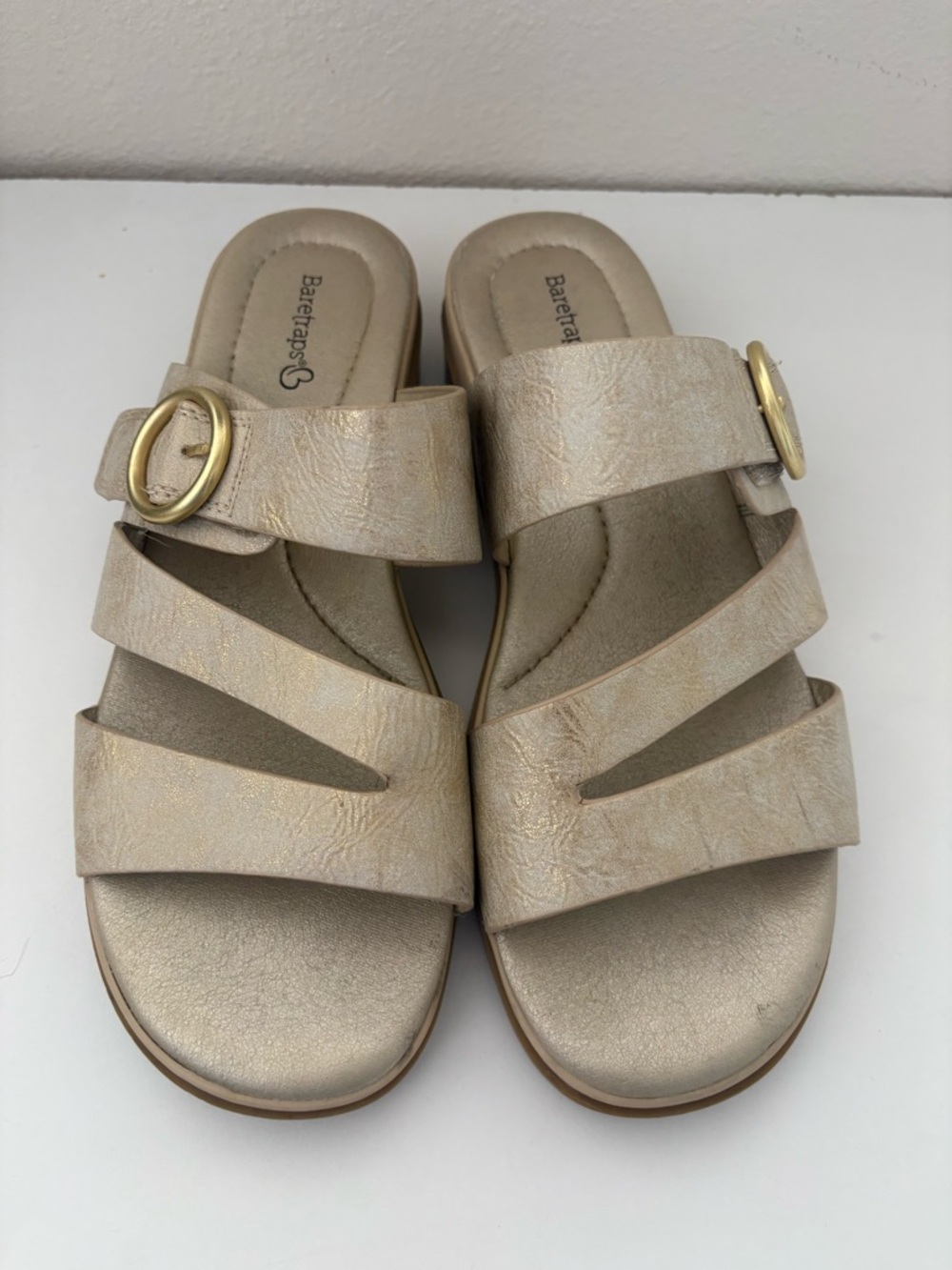 BareTraps Metallic Taupe Slide Sandals with Gold Buckle